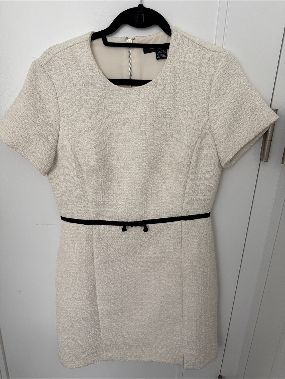 Cream Textured Short Sleeve Tweed Work Dress